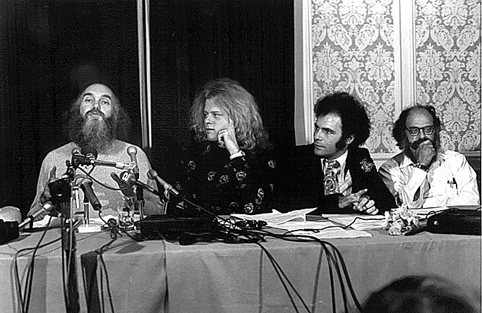 Photo- Baba Ram Dass, Ken Kelly, Jerry Rubin and Alan Ginsberg Press Conference re Tim Leary's credibility